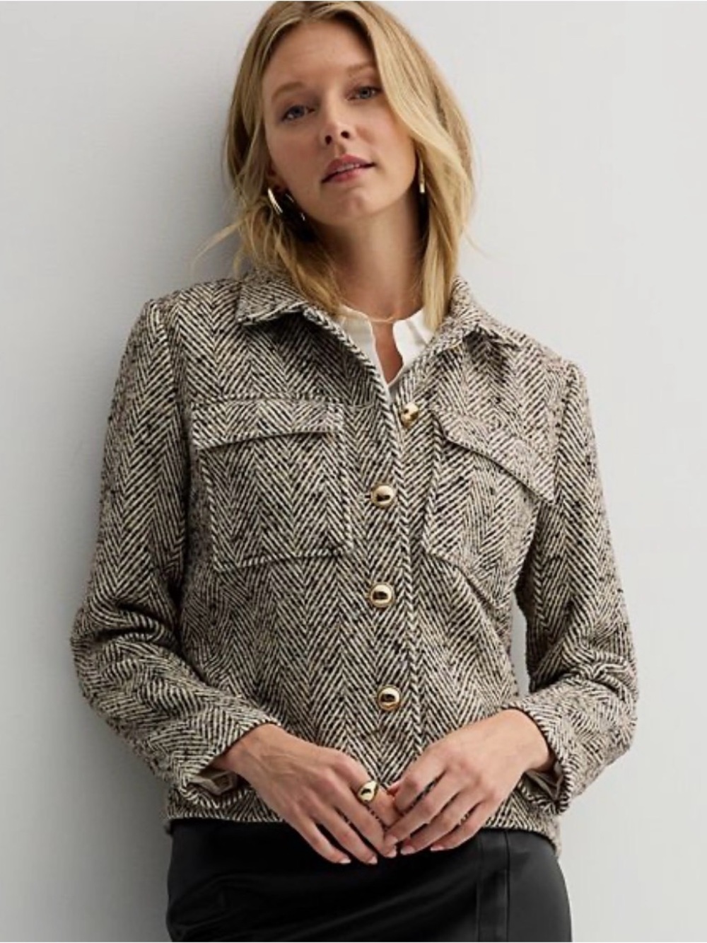 NWT Nine West Brown Tweed Herringbone Cropped Jacket Blazer Gold Button Large